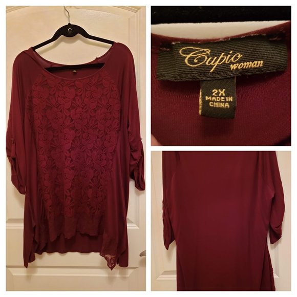 Wine red lace front knit back 3/4 sleeve shirt - Picture 1 of 5